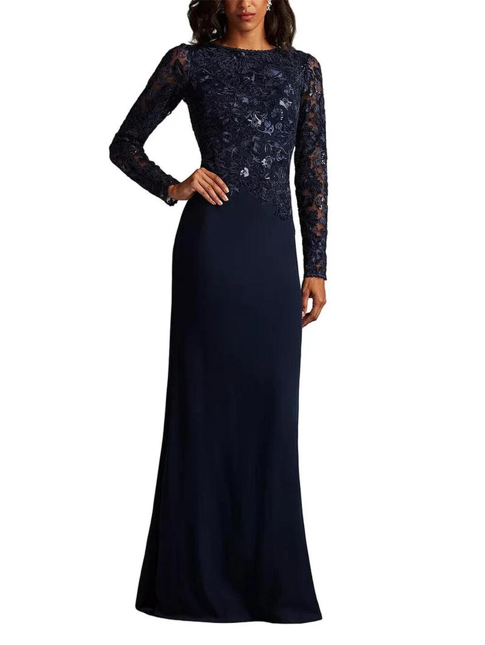 NEW Tadashi Shoji Forena Embroidered Crepe Gown in Navy Sz 12 # LD459